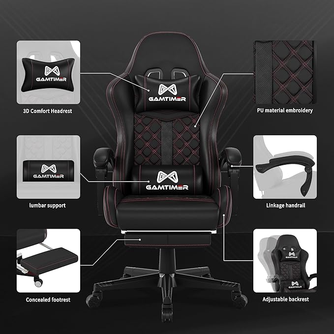Gamtimer Gaming Chair, 400 LB Weight Capacity,with Pocket Spring Cushion | Ergonomic Backrest Office Chair,Leather, with Headrest and Lumbar Support, Footrest, Suitable for Adults(Black) - Image 4