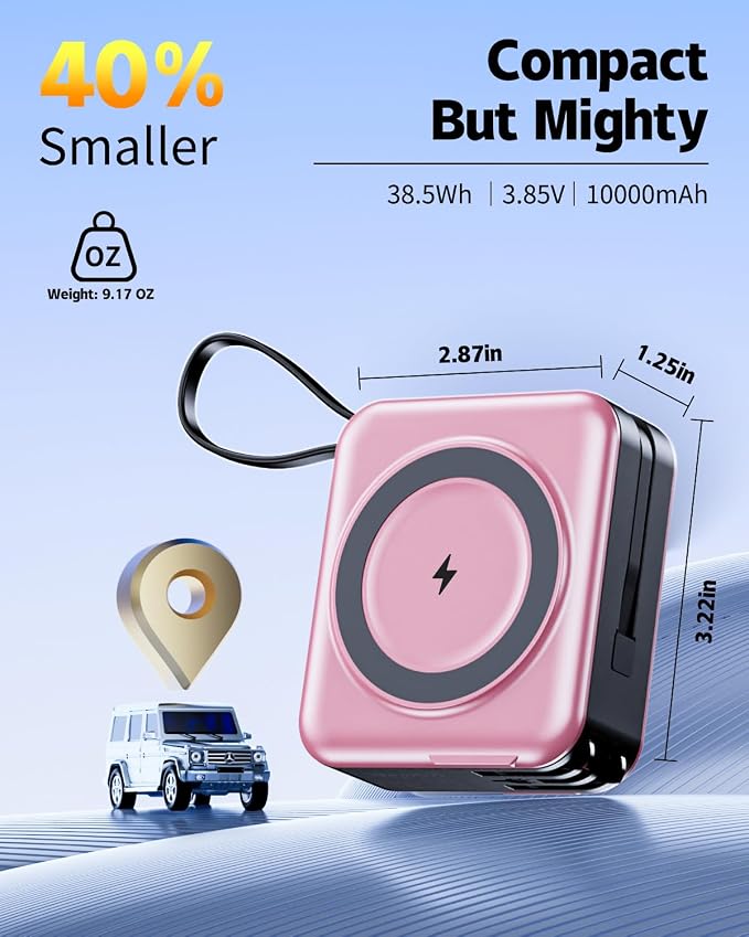 for Magsafe Portable Charger with Built-in Cables and AC Wall Plug, 10000mAh Magnetic Wireless Power Bank 22.5W Type-C in & Out Fast Charging Battery Pack for iPhone 17/16/15/14/13/12 Series, Pink - Image 7