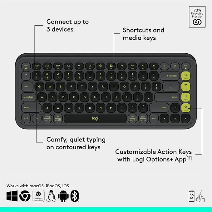 Logitech POP ICON Keys Wireless Bluetooth Keyboard - Graphite and Green | Comfortable typing, Bluetooth, programmable keys, easy-switch up to 3 devices, for laptop, tablet, PC - Image 6