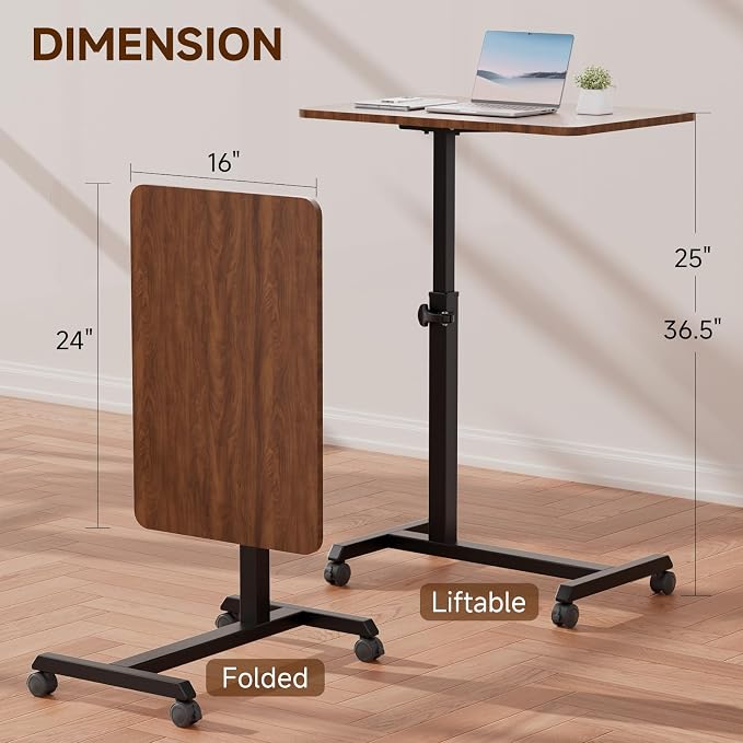 GTPLAYER Small Standing Desk, 24 Inches Foldable Mobile Rolling Laptop PC Table with Lockable Casters, Adjustable Height Overbed Bedside Table Computer Workstation for Home Office, Walnut-Foldable - Image 3