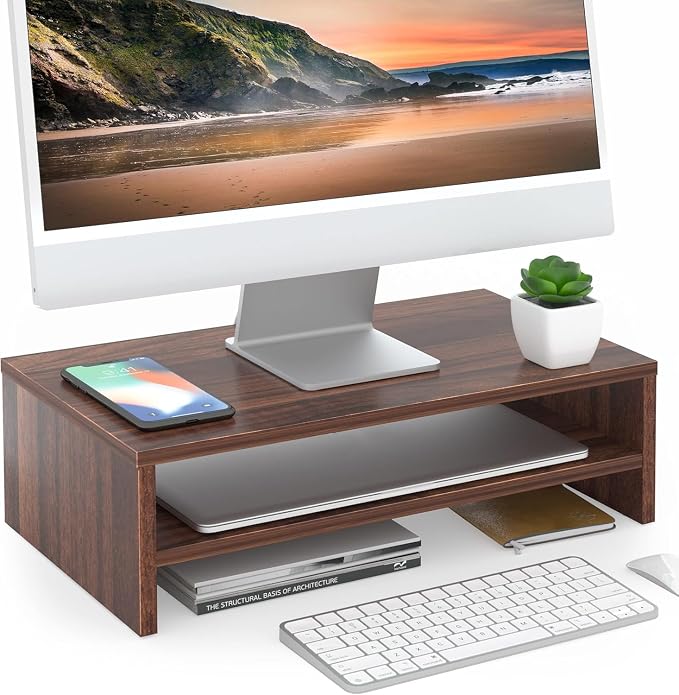 FITUEYES Wooden Monitor Stand Riser, 2-Tier Desk Storage Shelf, Brown | 16.7-Inch Desktop Organizer Fits Laptop, Computer Screen and Office Supplies by FITUEYES