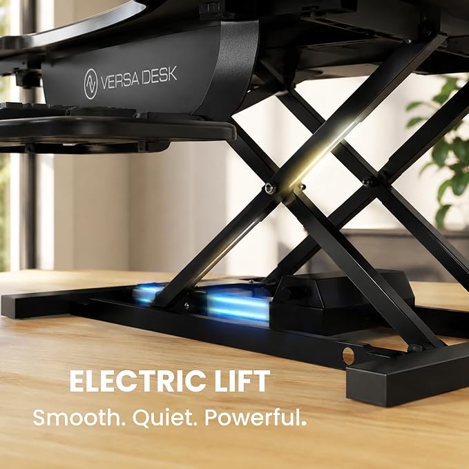 PowerPro 40 Inch Electric Standing Desk Converter – Push-Button Height Adjustable Sit to Stand Desk Riser for Triple Monitors & Laptop – Motorized Desktop Workstation with Wide Keyboard Tray - Image 7