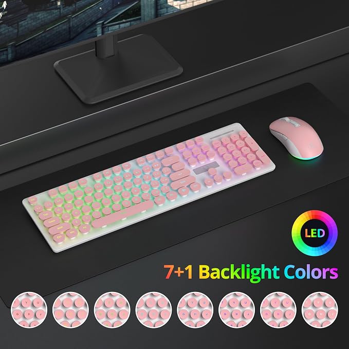 Backlit Pink Keyboard and Mouse Wireless, 2.4GHz Light Up Typewriter Rechargeable Quiet Keyboard Cordless with USB Receiver for PC/Laptop(Pink) - Image 3