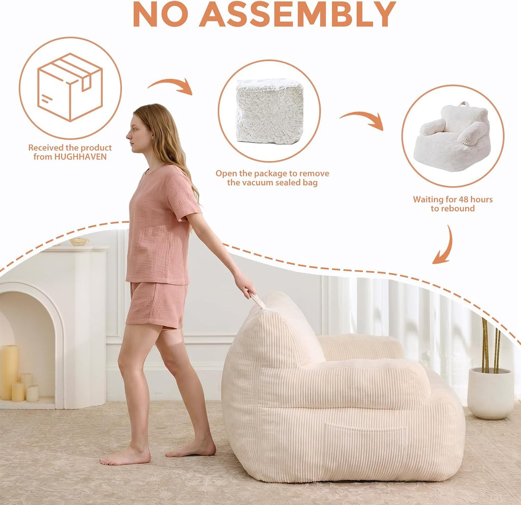 HUGHEAVEN Bean Bag Chair for Adults & Teens, Comfy Bean Bag Sofa, Beige, - Image 5