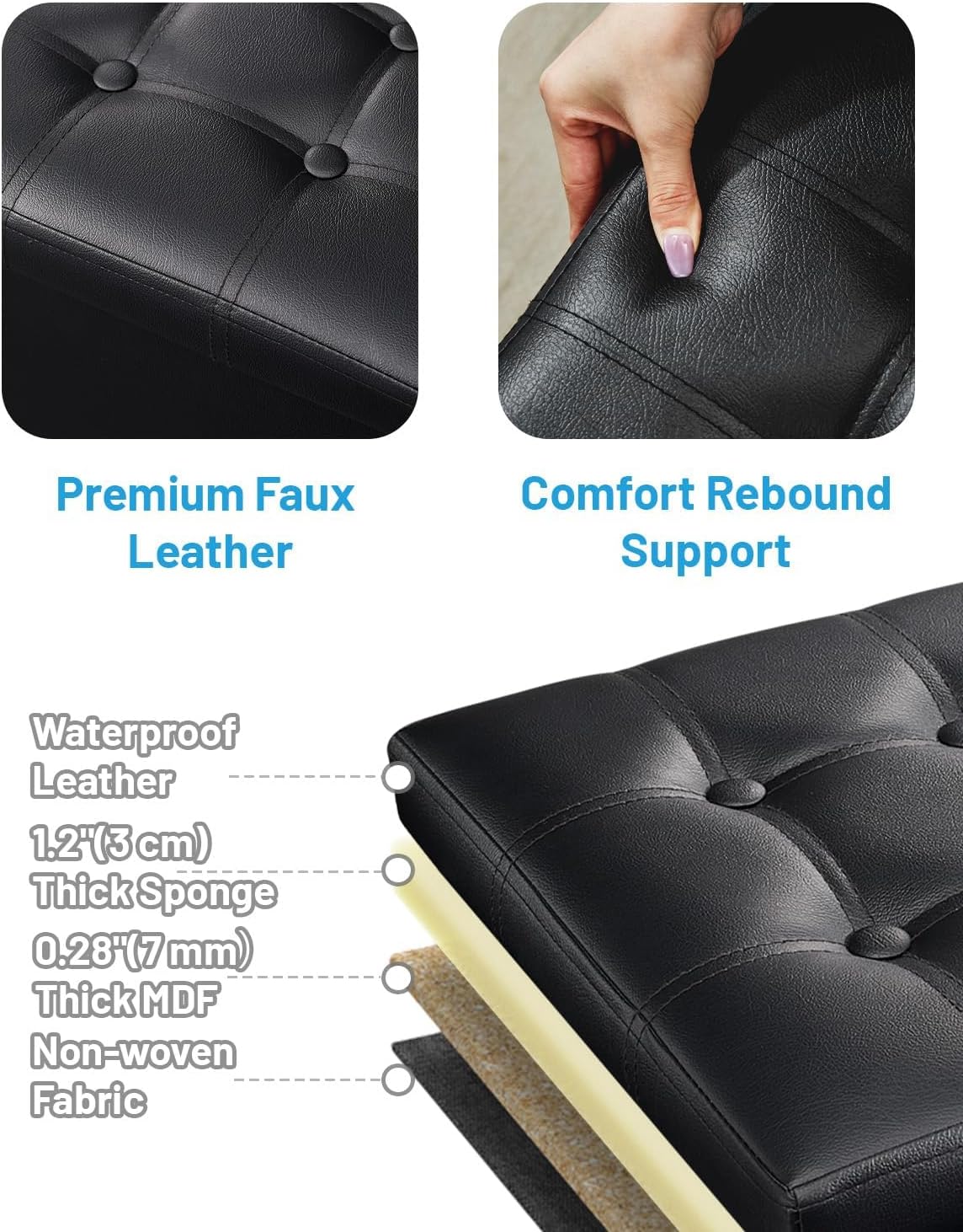 AmasSmile Ottoman with Storage,17" Folding Leather Foot Rest Chest,Black - Image 6