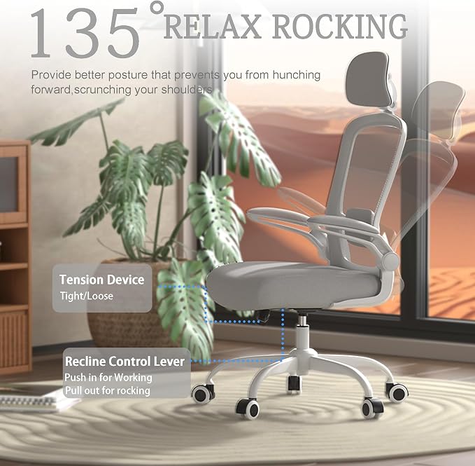 Mimoglad Office Chair, High Back Ergonomic Desk Chair with Adjustable Lumbar Support and Headrest, with flip-up Armrests for Guitar Playing, 5 Years Warranty (Moon Grey) - Image 6