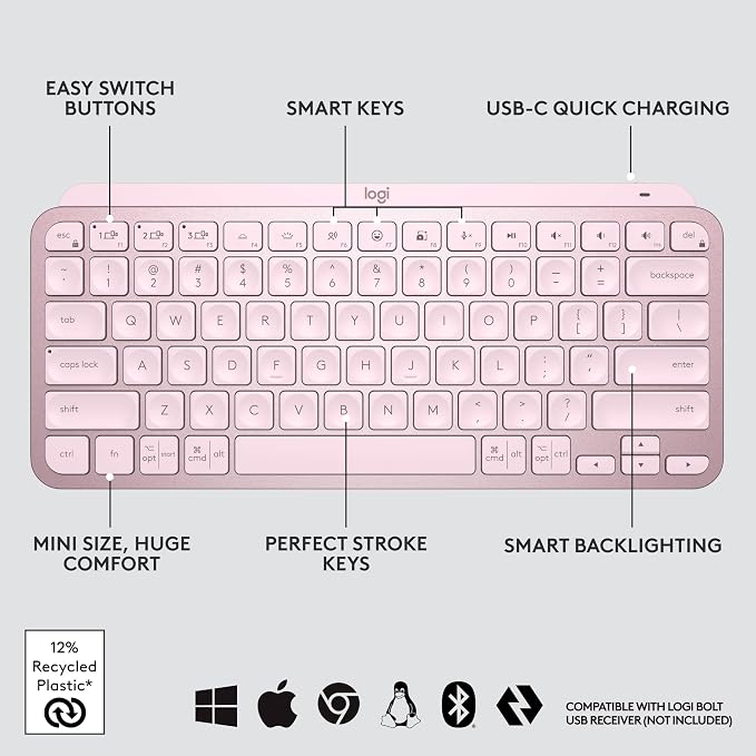 Logitech MX Keys Mini Minimalist Wireless Illuminated Keyboard - Rose | Minimalist, wireless, illuminated, compact, backlit, USB-C, compatible with macOS, iOS, Windows, Linux, Android, metal build - Image 6
