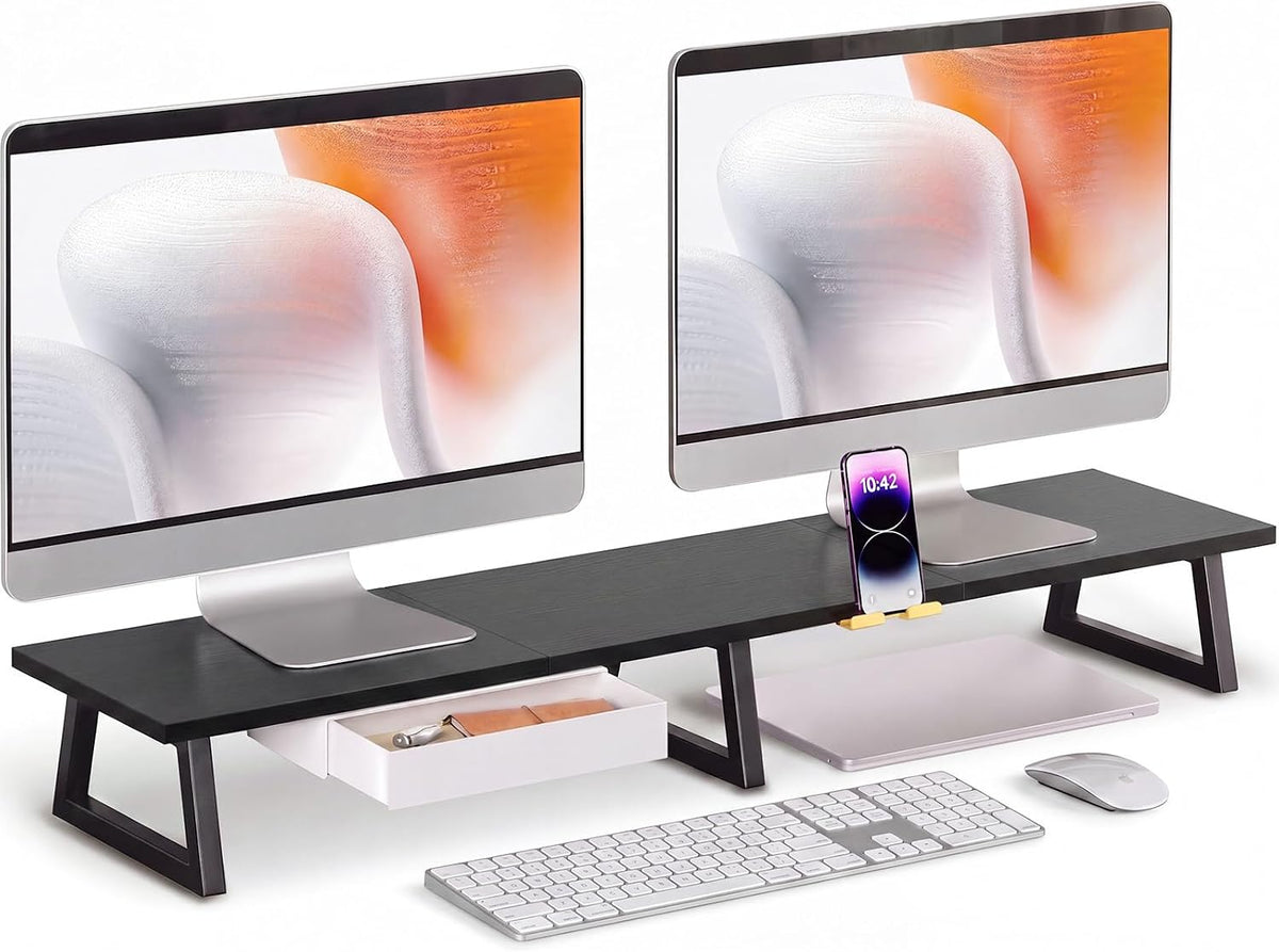TEAMIX 42 inch Dual Monitor Stand Riser with Storage Drawer for Desk, Black by TEAMIX