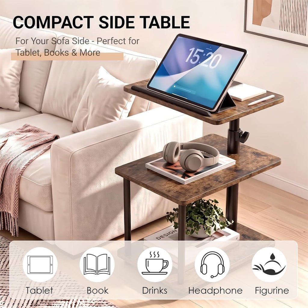 C Shaped Side Table, 360° Swivel Height Adjustable, 3-Tier Sofa Side Desk - Image 3