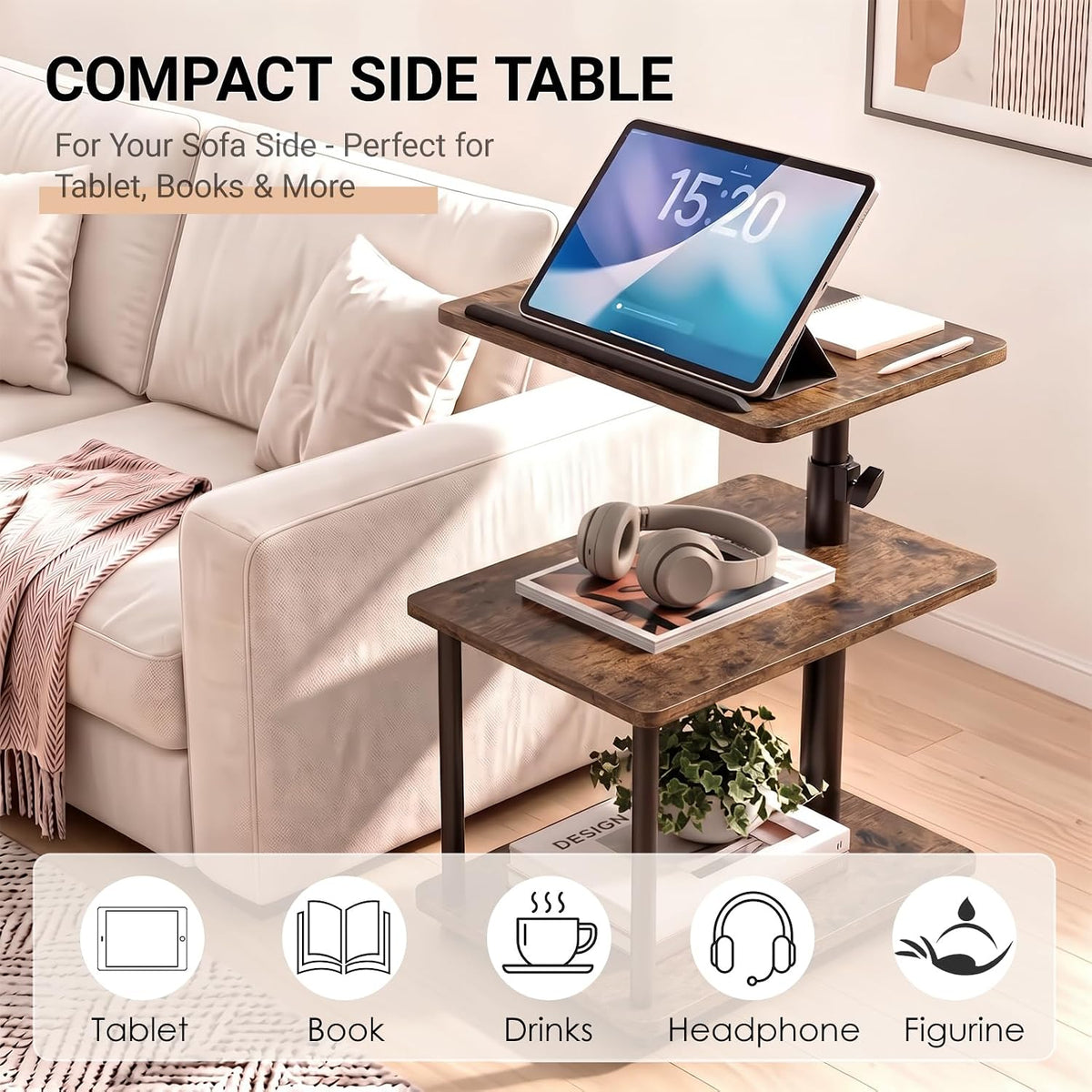 C Shaped Side Table, 360° Swivel Height Adjustable, 3-Tier Sofa Side Desk - Image 3