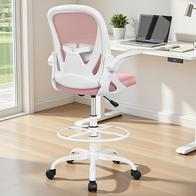 Drafting Chair Tall Office Chair with Flip-up Armrests Executive Ergonomic Computer Standing Desk Chair with Lumbar Support and Adjustable Footrest Ring (Rose Quartz) - Image 2
