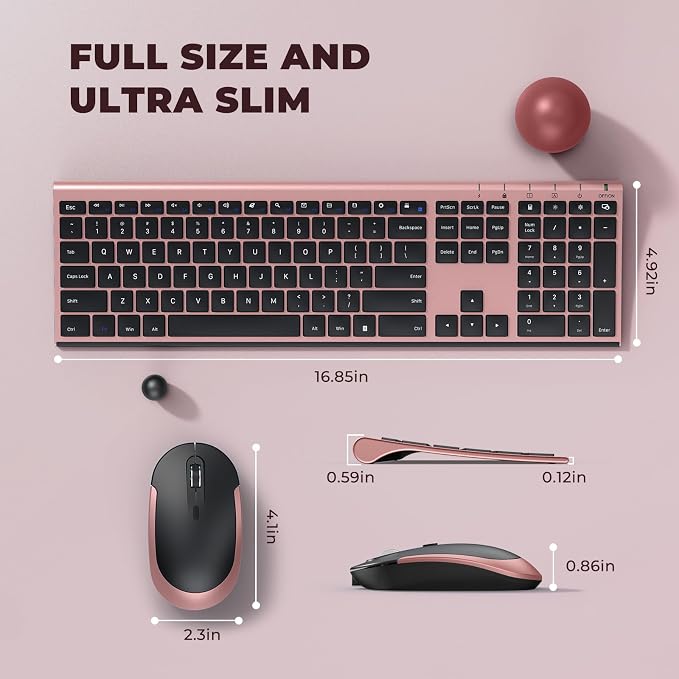 Vssoplor Wireless Keyboard and Mouse, Rechargeable Ultra Slim, Rose Gold | Quiet Full-Size Keyboard and Mouse Combo Set, for Laptop, PC, Notebook, Desktop, 2.4GHz Stable Connection, Ideal for Office - Image 3