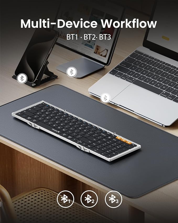 ProtoArc XK01 Full-Size Foldable Bluetooth Keyboard for Travel, Silver | 105 keys, number pad, 0.65in keycaps, 3-device Bluetooth 5.1 switching, USB-C charging, for laptop tablet phone - Image 5