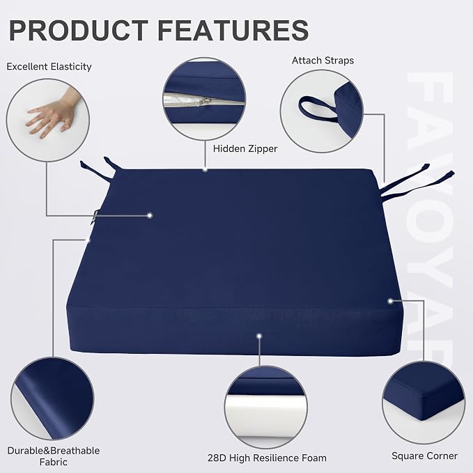 Favoyard Patio Chair Cushions 18.5 x 16 x 3 Inch Waterproof Outdoor Seat | Cushions for Patio Furniture 3-Year Color Fastness Garden Sofa Couch Pads with Adjustable Straps Set of 2, Blue - Image 6