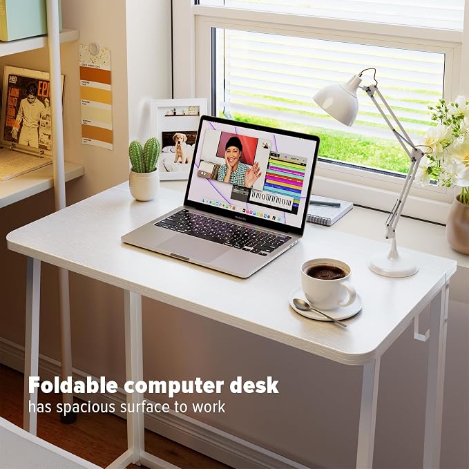 WOHOMO Folding Desk, 31.5" Foldable Computer Table for Small Spaces, White | Easy Assembly and Fold, Sturdy Home office desks for Study Bedroom Dorm Space Saving Writing Work Apartment - Image 3