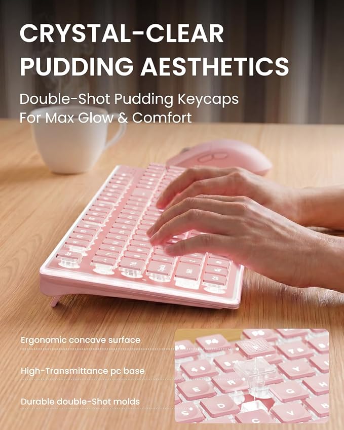Wireless Keyboard and Mouse Combo with White Backlit Pudding Keycaps, Bluetooth & 2.4G, 2000mAh Rechargeable, Full Size, Metal Panel Quiet Computer Keyboard Set for Windows PC Desktop - Pink - Image 2