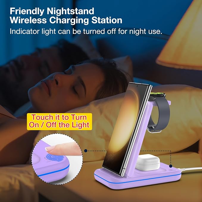 Multi Charger for Samsung, Foldable Charger ONLY for Galaxy Watch Ultra/7/6/5/4/3/Active 2, Travel 3 in 1 Fast Charging Station/Dock for Samsung S24/S23/S22/S21/S20/Note 20, for Buds 3/2 Pro(Violet) - Image 4