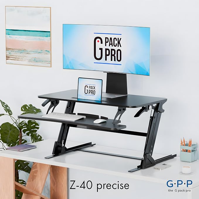 Standing Desk Converter 40 Inch, Height Adjustable to 17.3 Inches | Dual Monitor Work Surface With Keyboard Tray, Steel Frame, and Smooth Manual Lift for Home Office Setups - Image 3