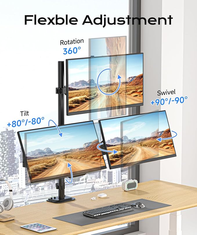 Pholiten Triple Monitor Mount, 3 Gas Spring Arms for Up to 32" | Fully Adjustable Heavy Duty Cable Management Monitor Stand, Each Arm Holds 22 lbs - Image 5