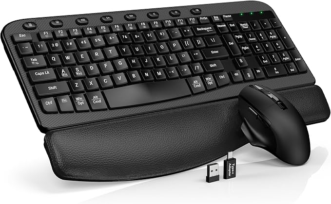 Wireless Keyboard and Mouse Combo with Ergonomic Wave Keys | Leather Soft Palm Rest, 2.4G Full Size, 6-Button Mouse, 4-Level DPI, USB-A/C, MA12 Silent Set for PC, Laptop, Windows, macOS by SABLUTE