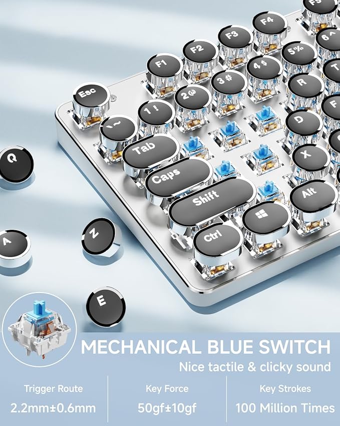 EWEADN TK950 Typewriter Keyboard Wireless Mechanical Keyboard, 104 Keys Aesthetic Typewriter Keyboards with White Backlit, Anti-Ghosting, Blue Switch Bluetooth/2.4GHz/Wired Cute keyboards-Black - Image 5