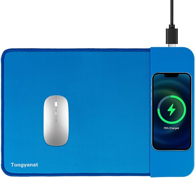 15W Wireless Charging Mouse Pad, 2 in 1 Desk Pad with Non-Slip Rubber Base, Fast Qi Wireless Charger for iPhone/Computers/Home Charging Devices, 12.8 * 8.5in Mouse Pad - Blue by Tongyanat