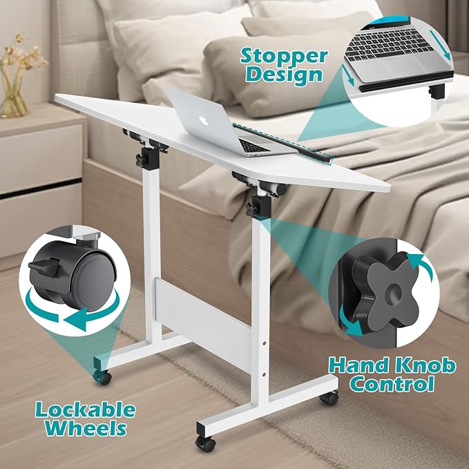 Tiltable Foldable Standing Desk Adjustable Height, Portable Computer Desk with Wheels, Mobile Sit Stand Small Rolling Laptop Table for Walking Pad, Bike Trainer, White - Image 6