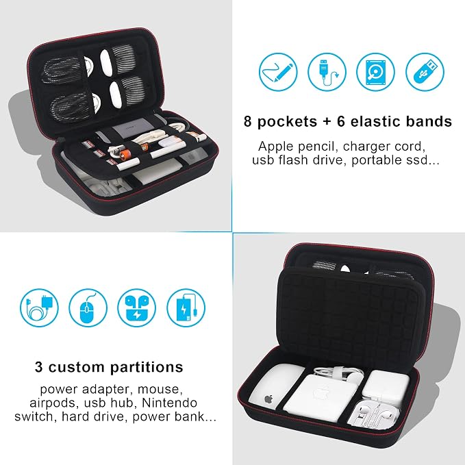 Elonbo Hard Travel Cords Organizer Universal Small Electronic Accessories Carrying Case for Chargers Cables MacBook Adapter Magic Mouse Apple Pencil USB Flash Disk Tech Portable Storage Bag, Black - Image 2