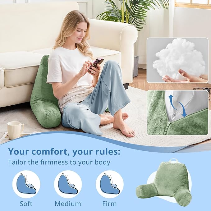 Sasttie Reading Pillow for Bed, Back Pillow for Sitting Up, Sage Green | 18" Backrest Support Cushion for Couch, Sofa, and Floor, Dorm Essentials, OEKO-TEX, Adjustable Down Alternative Fill - Image 3