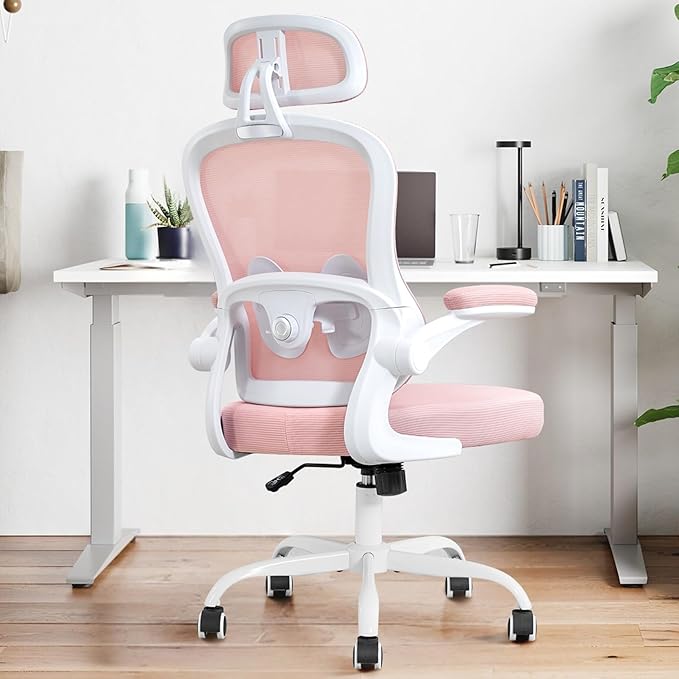 Ergonomic Office Chair,Ultra Thick Spring Cushion Desk Chair,Pink | Adjustable Lumbar Support and Headrest,Flip-up Arms,Rocking Function,Mesh Home Office Computer Chair by TUKAKA