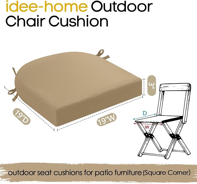 idee-home Outdoor Chair Cushions Set of 2, 19 x 19 Outdoor Seat Cushions | Patio Chair Cushions for Outdoor Furniture Waterproof with Ties, Outdoor Seat Cushion, Patio Chair Pads Dining Chair - Image 8