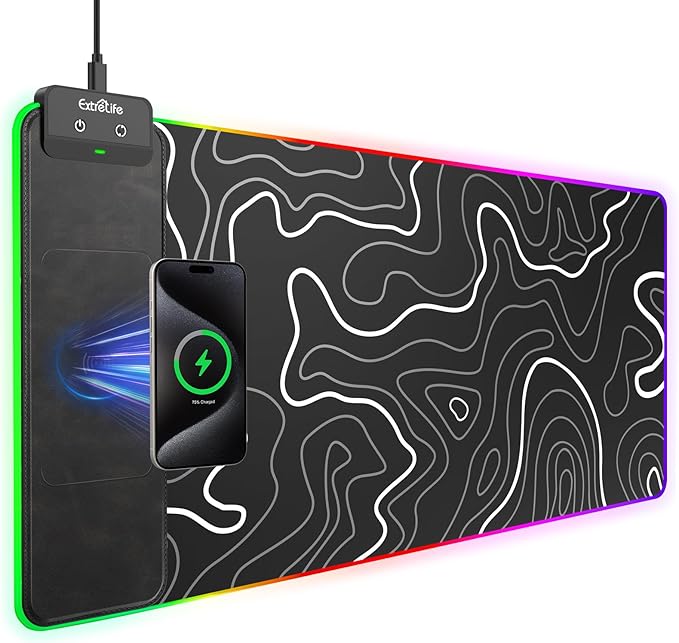 Wireless Charging RGB Gaming Mouse Pad, 31.5"x15.7" XXL Large Desk Mat | Desk Pad for Gamer, 9 Light Modes, Non-Slip Rubber Base, Waterproof Computer Keyboard Mat, Black and Topographic Line by ExtreLife