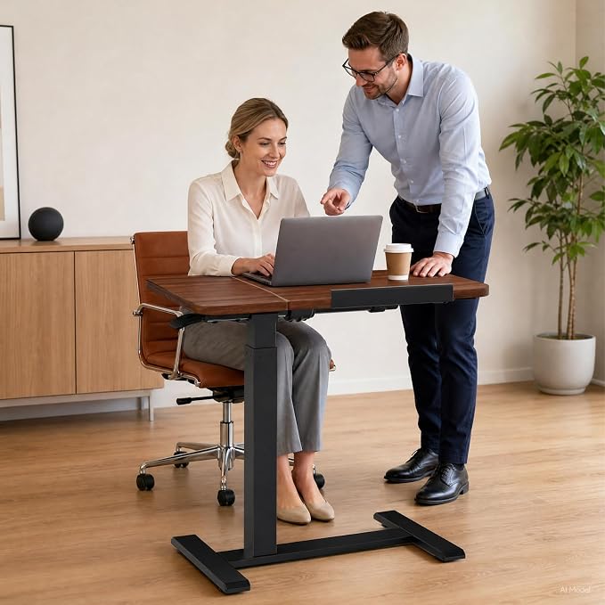 GTPLAYER Pneumatic Adjustable Standing Desk, 28 Inch Tiltable Mobile Rolling Laptop Table with Wheels, Overbed Bedside Table Computer Workstation for Home Office, Walnut - Image 9