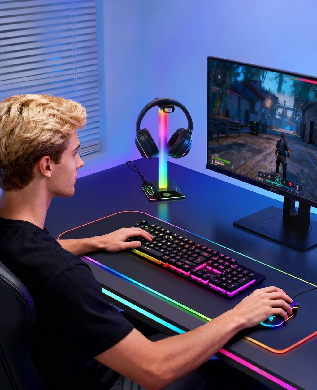 RGB Gaming Headset Stand, LED Headset Holder with 3 Charging Ports (2 USB & 1 Type-C) & 10 Lighting Modes, Headphone Stand Cool Stuff for Boys, Desk PC Gaming Accessories Gifts for Gamers Men Adult - Image 6