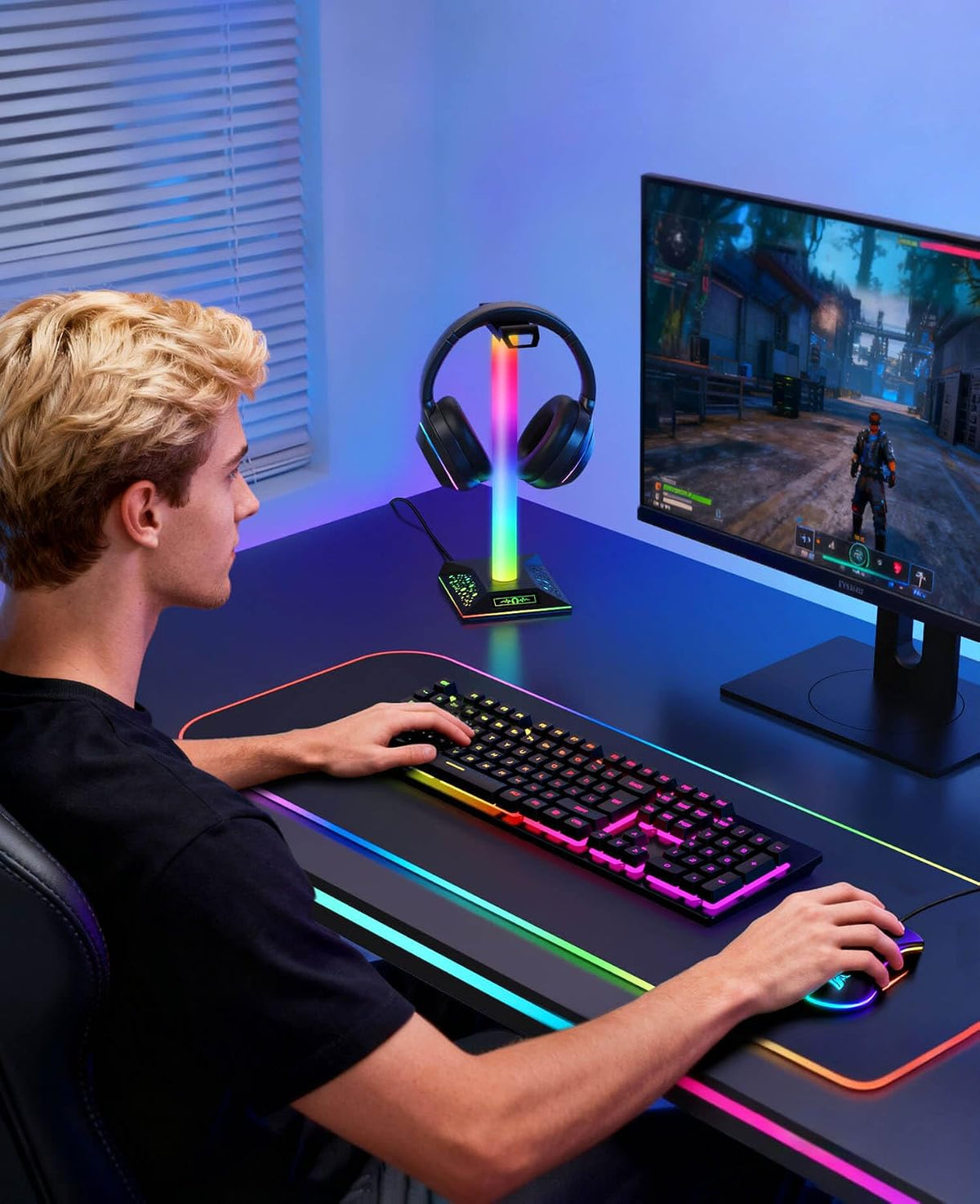 RGB Gaming Headset Stand, LED Headset Holder with 3 Charging Ports (2 USB & 1 Type-C) & 10 Lighting Modes, Headphone Stand Cool Stuff for Boys, Desk PC Gaming Accessories Gifts for Gamers Men Adult - Image 6