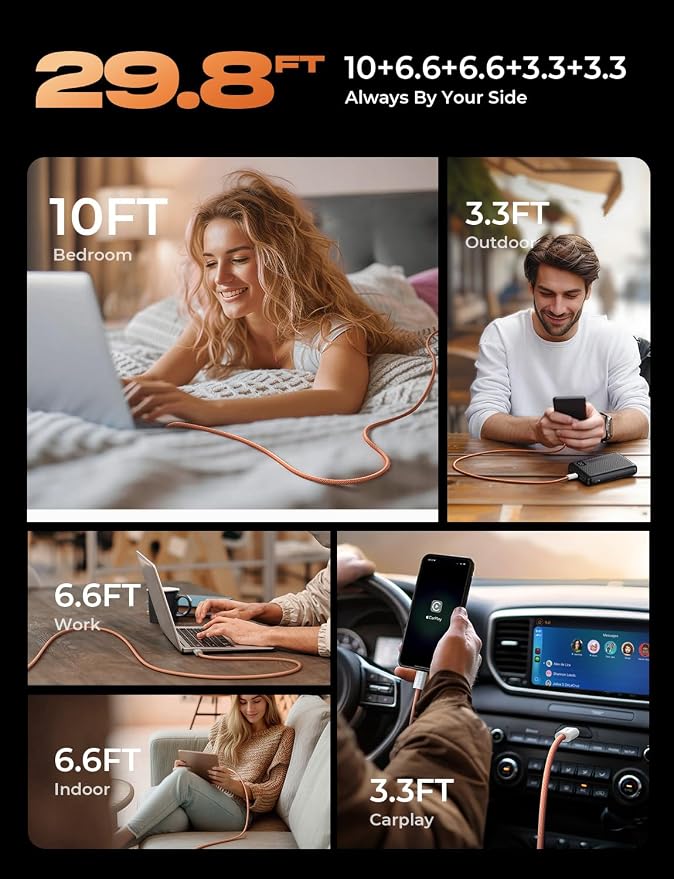 LISEN USB C Cable, 5-Pack [3.3/3.3/6.6/6.6/10FT] Orange for iPhone 17 Charger Cord, 60W C to C Cable Fast Charging for iPad, iPhone 17 Air 16 15 Pro Max, Samsung Z Flip 7/S25/S24 - Image 4