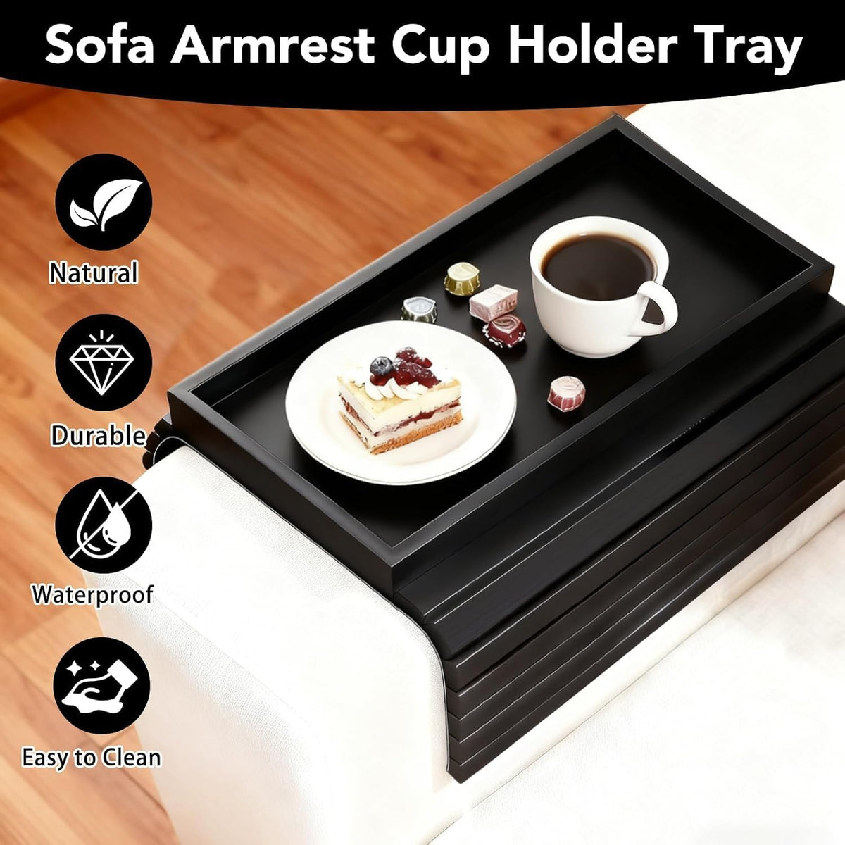 Bamboo Couch Arm Tray, Foldable Sofa Tray Table for Couch, Anti-Falling Sofa Cup Holder, Portable Sofa Arm Chair Table for Drink,Cups, Eats，Snacks, Phone, Remote, Black - Image 3