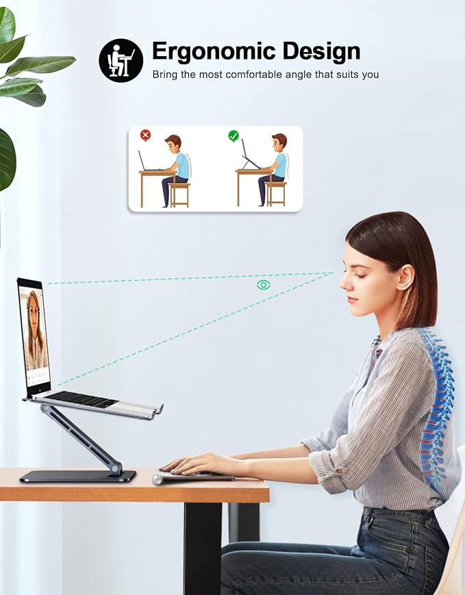 RIWUCT Foldable Aluminum Alloy Laptop Stand for Desk, Height Adjustable Ergonomic Computer Stand, Portable Laptop Riser Holder Printer Stand Compatible with MacBook Pro Air/HP/Dell 10-16", Black - Image 2