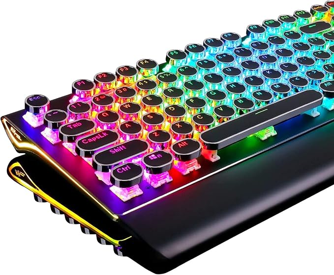 RK ROYAL KLUDGE S108 Typewriter Style Mechanical Gaming Keyboard with RGB Backlit, Wired PC Game Keyboard Full Size with Detachable Wrist Rest and Number Pad, Retro Round Keycaps, Red Switches Black by RKROYALKLUDGE