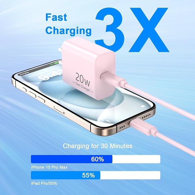 iPhone 17 16 15 Charger Fast Charging 10FT, 20W USB C Charger Block & Cable | 2Pack [Apple MFi Certified] 20W Type C Charger & 10FT Long Type C Charging Cord for iPhone 17/17 Pro/17 Pro Max/16 15 Pro Max - Image 3
