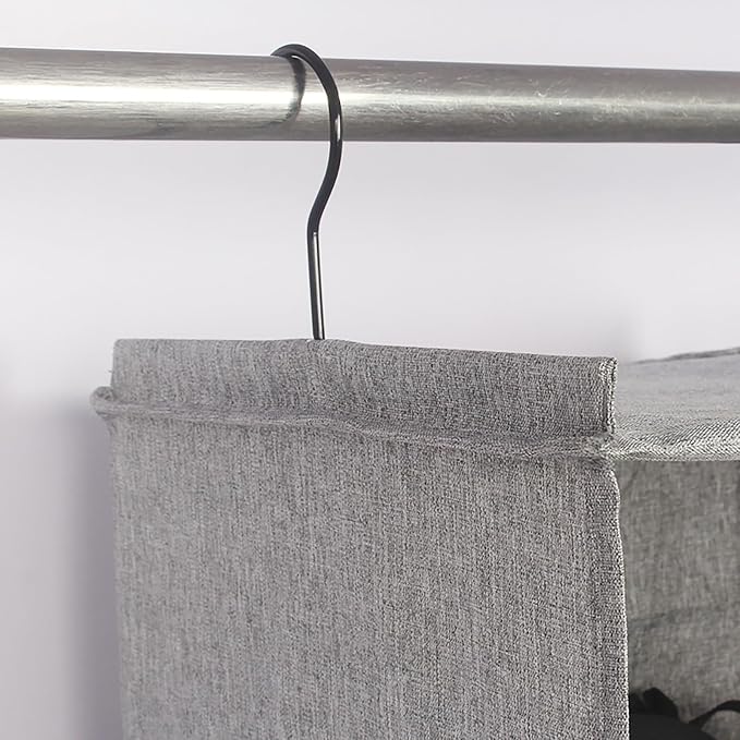 Hanging Closet Organizer 3-Shelf, Oxford Linen Wardrobe Storage, Gray | Easy-mount foldable design holds clothes, handbags, shoes & accessories; washable Oxford fabric, sturdy and space-saving. - Image 6