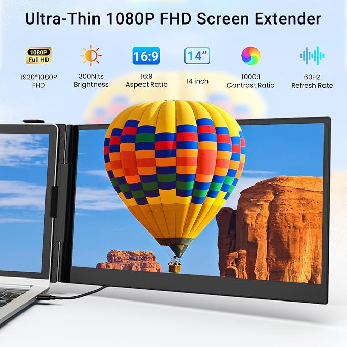 Laptop Screen Extender, 14" FHD 1080P Laptop Monitor Extender, Ultra-Thin Portable Monitor for Laptop with USB-C/HDMI Port, Plug & Play for Windows/Mac/Android/Switch/PS5/Chrome - Image 3