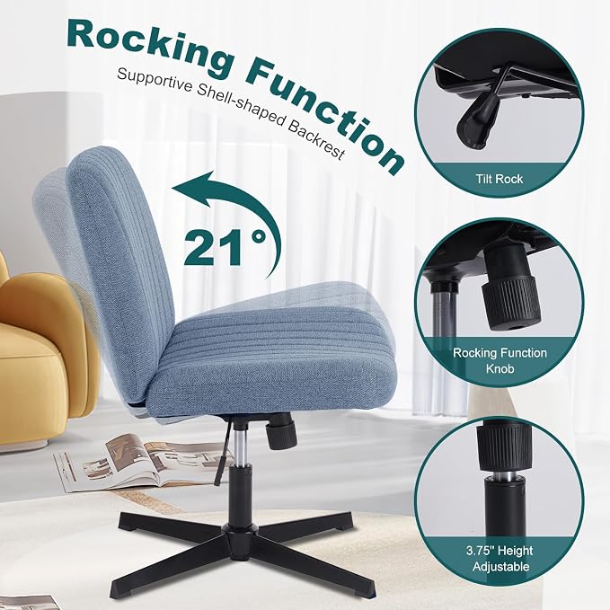 OLIXIS Criss Cross Chair, Vanity Chair, Home Office Desk | Height Adjustable, Comfy Fabric, Armless Wide Seating for Bedroom Student Study Room, Blue No Wheel - Image 6