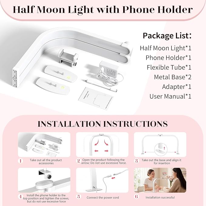 Half Moon Light for Nail Desk: 180 ° Shadow-Free Arc Light For Manicurist | 29" Foldable Half Moon Desk Lamp With Phone Holder - 3 Color Mode & 10 Brightness - Provide a Bright Work Area For Nail Tech - Image 7