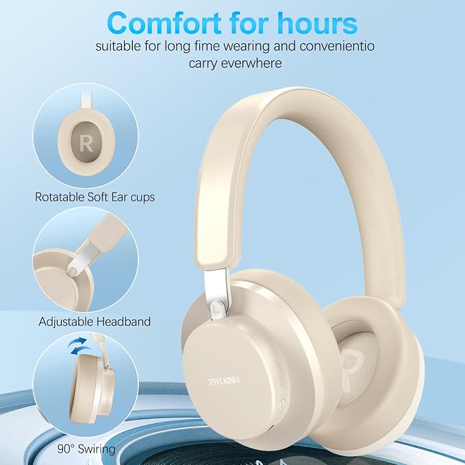 Noise Cancelling Headphones Wireless Bluetooth, Over Ear Headphones Bluetooth with Microphone, Cancelling Wireless Headphone Over Ear, 65h Playtime, Clear Calls, Comfort Fit For Travel (Beige) - Image 6