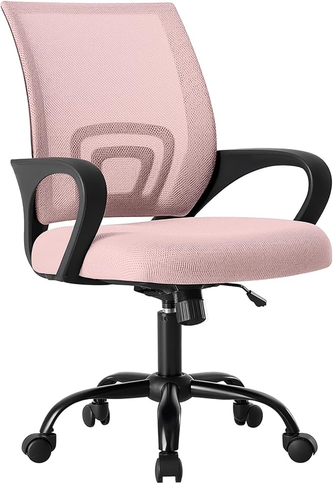 DUMOS Ergonomic Office Chair, Home Desk Lumbar Support Chair | Mid Back Mesh, Height Adjustable Fixed Armrest, Rocking Mode 360 Swivel Computer Gaming, Pink by DumosLifestyle