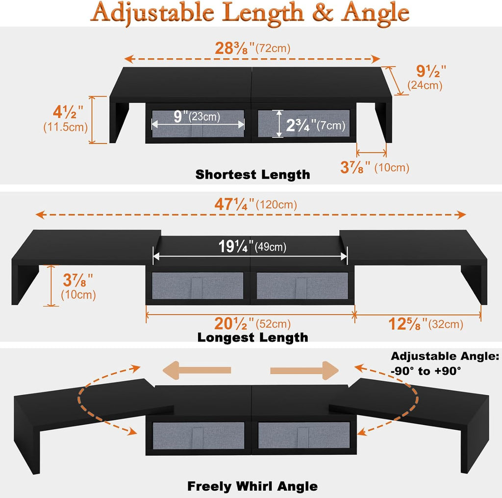 TEAMIX Wood Dual Monitor Stand Riser with Drawers-Length and Angle Adjustable Triple Monitor Stand with Storage Large Computer Riser for 2/3 Monitors/Laptops/PC/Printers - Image 4