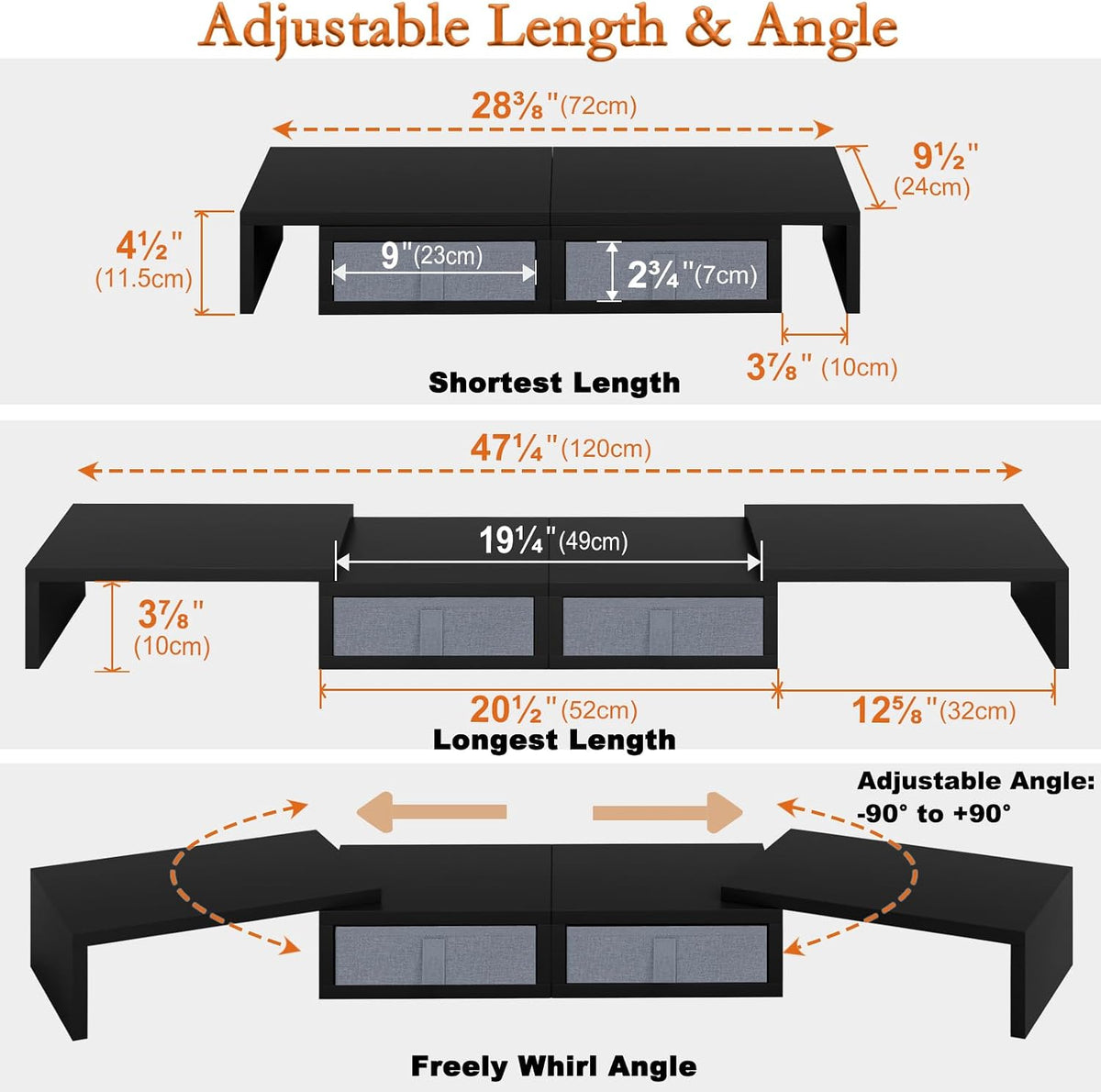 TEAMIX Wood Dual Monitor Stand Riser with Drawers-Length and Angle Adjustable Triple Monitor Stand with Storage Large Computer Riser for 2/3 Monitors/Laptops/PC/Printers - Image 4