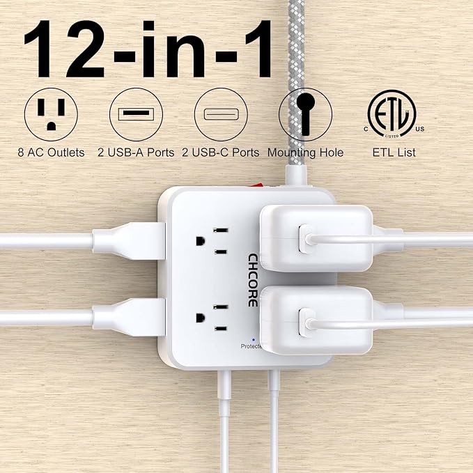Surge Protector Power Strip - CHCORE 10 Ft Braided Extension Cord with 8 Outlets with 4 USB (2 USB C) Charging Ports, Flat Plug Multi Plug Outlet Extender Charging Station for Home Office, ETL, White - Image 2