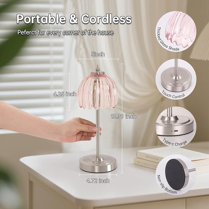 Shenmoyl Tulip Table Lamp with 5200mAh Battery & Touch Control, Cordless Small Table Lamp with 3 Colors, Dimmable Rechargeable Table Lamps for Living Room, Bedroom, Desk, Bedside (Clear Pink Tulip) - Image 9